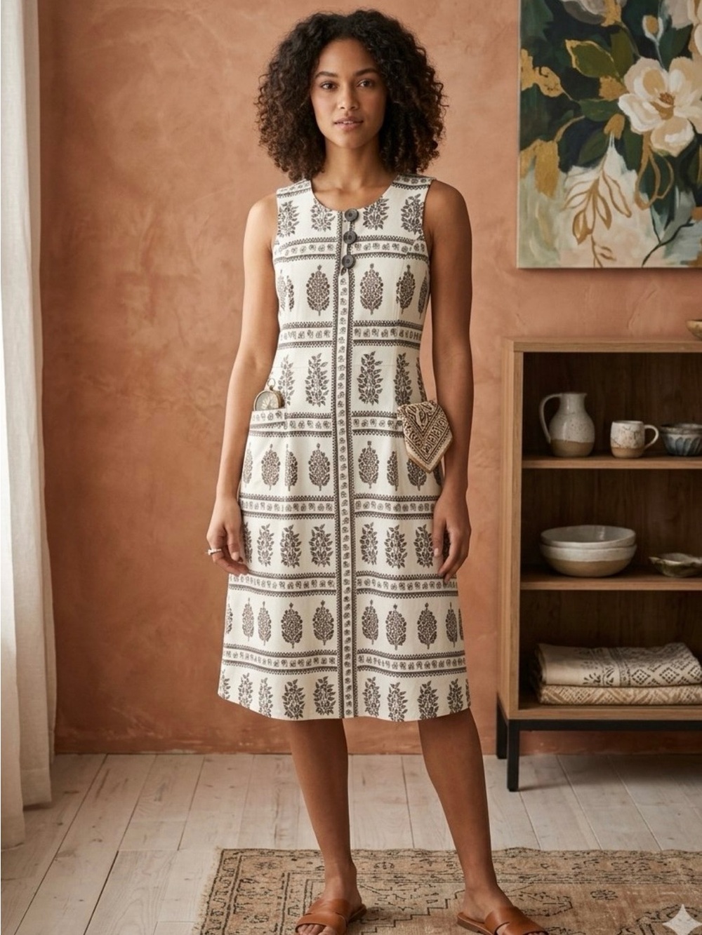 Patty Kim Inca Mosaic Woodblock Printed Midi Dress Cream Brown Size M